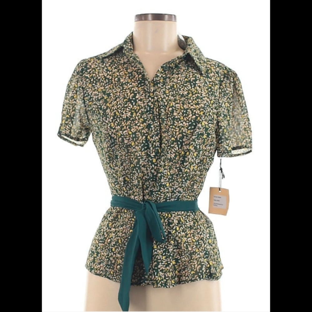 Green Floral Top Self-tie Waist/Pussybow Collar Unique Vintage Smak Parlour NWT